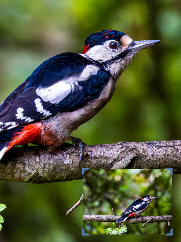 Woodpecker perched on a branch with a blurred green background