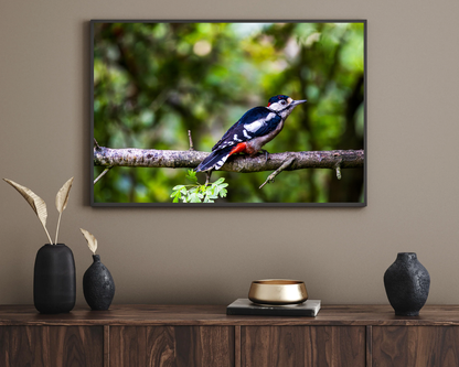 Framed picture of a bird on a branch above a wooden console table with decorative items.