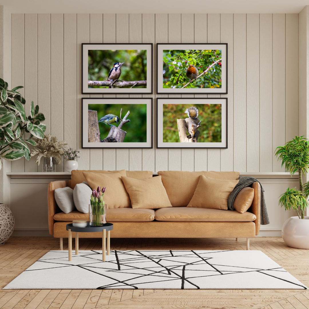Living room with a brown sofa, decorative pillows, and framed nature photos on the wall.